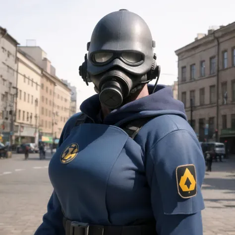 combine soldier, 1girl, solo, helmet, blue uniform, faceless, gas mask, mature female, standing, looking at viewer, facing viewer, upper body, realistic, portrait, photorealistic, realistic, photo, cosplay, military, ballistic vest, fabric, city, russia, city, metropolis, moscow, eastern europe, high quality, best quality, highres, absurdres, by greg rutkowski. <lora:combineSoldierHalf_v1:1>