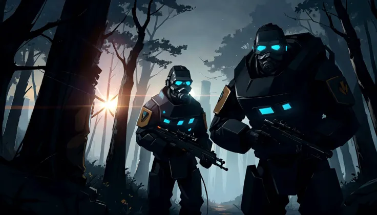 best quality, Wallpaper, dynamic pose, immersive, bulky, beefy, burly, hefty, broad shoulders, shoulder pads, intimidating, menacing, combine soldier, half-life, half-life 2, carrying a futuristic rifle, heavy elite unit, foggy, haze, patrol, exploration, on the hunt, sector sweep, scavenging, dark pine forest, surrounded by pine trees, dramatic lighting, cinematic, (lens flare), <lora:combineSoldierHalf_v1:1>