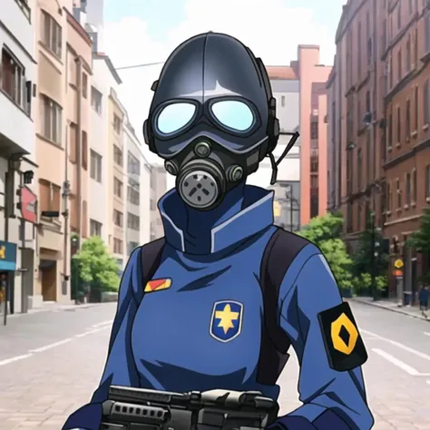 combine soldier, 1girl, solo, helmet, blue uniform, faceless, gas mask, mature female, standing, looking at viewer, facing viewer, upper body, (anime screencap:1.1), portrait, military, ballistic vest, fabric, city, russia, city, metropolis, moscow, eastern europe, by greg rutkowski. <lora:combineSoldierHalf_v1:1>
