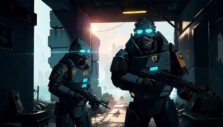 best quality, Wallpaper, dynamic pose, immersive, bulky, beefy, burly, hefty, broad shoulders, shoulder pads, intimidating, menacing, combine soldier, half-life, half-life 2, carrying a futuristic rifle, heavy elite unit, [[coastal town, ocean]], foggy, haze, patrol, exploration, scavenging, apocalyptic, bleak, decrepit, abandoned, dramatic lighting, cinematic, (lens flare), <lora:combineSoldierHalf_v1:1>