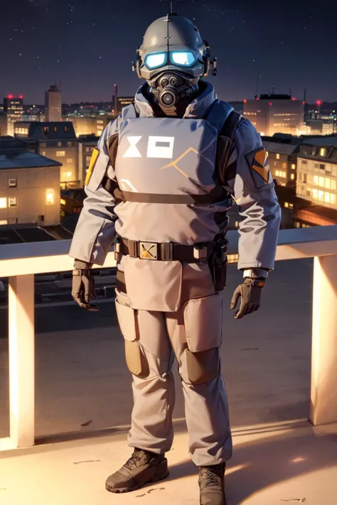 combine soldier, 1boy, solo, standing, helmet, gloves, looking at viewer, facing viewer, military, science fiction, night, city, russia, (glowing blue eyes)