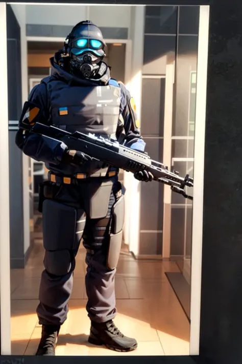 combine soldier, 1boy, solo, standing, helmet, gloves, looking at viewer, facing viewer, military, science fiction,