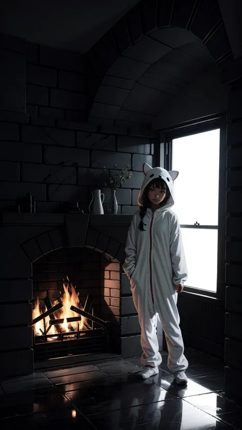 from above, wide angle shot, ancient, Ethereal mountain range with misty peaks and mystical creatures, Framing, window light, night
BREAK
window, cozy room, crackling fire in the fireplace,
BREAK
1girl, braid black hair, <lora:Kigurumi:0.5> kigurumi, (white kigurumi,:1.2), sofa <lora:LowRA:0.45> dark theme <lora:darkness_v100:0.55>