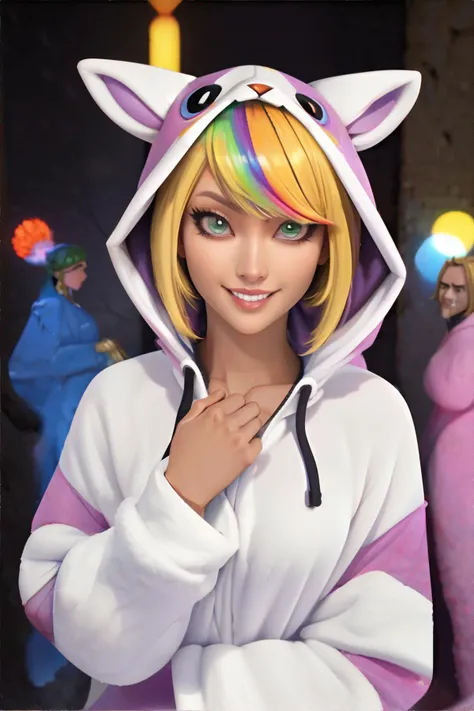 <lora:kigurumi:0.5>, woman wearing rainbow kigurumi, short blonde hair, smile || masterpiece, perfect quality, sharp focus, shallow depth of field, 8k