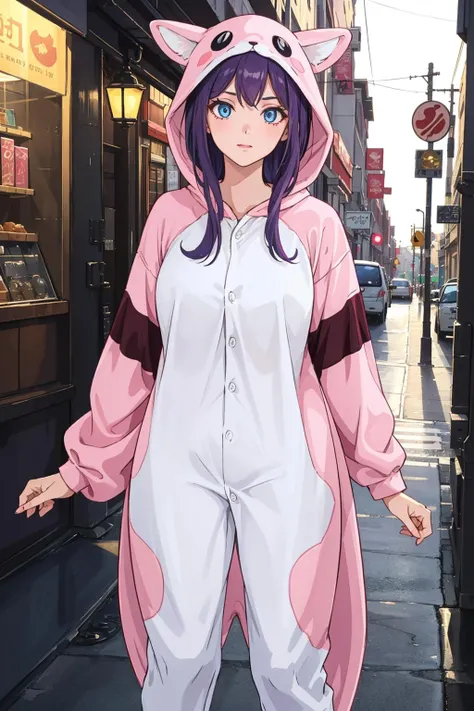 ( mature woman:1.3), adult, purple hair, blue eyes,(masterpiece), (high quality), (best quality), (detailed), hd, perfect lighting, detailed face, detailed body, <lora:Kigurumi:0.5>, kigurumi, (pink kigurumi,:1.2)