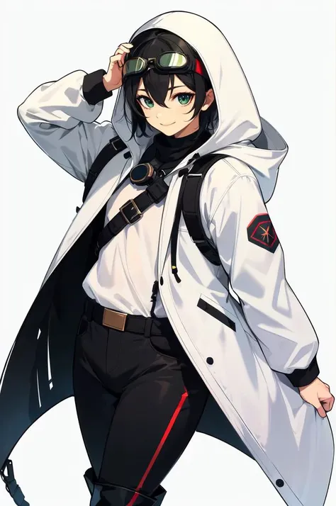 solo, cowboy shot, <lora:ProbablyNoon Style Lora:0.85> ProbablyNoon,, ultra detailed, masterpiece, best quality, aesthetic, detailed,, ultra detailed, masterpiece, best quality, solo, smile, 1boy, green eyes, short hair, black hair, bangs, hair between eyes, messy hair, (goggles on head:1.2),, headband, white coat, hooded coat, hood down, open coat, turtleneck, capri pants, pants, black knee boots,