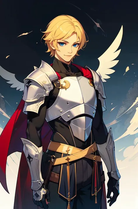 solo, cowboy shot, <lora:ProbablyNoon Style Lora:0.85> ProbablyNoon,, ultra detailed, masterpiece, best quality, aesthetic, detailed,, solo, smile, 1boy, blue eyes, medium blonde hair, parted bangs, hair intakes, male focus, muscular male,, armor, pauldrons, cuirass, gauntlets, waist cape, greaves, black bodysuit, surcoat, shoulder sash, wing shoulder armor, cape, pants,