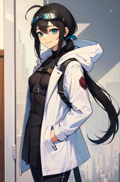 solo,  cowboy shot,   <lora:ProbablyNoon Style Lora:0.85> ProbablyNoon,, ultra detailed, masterpiece, best quality, aesthetic, detailed,, solo, soft smile, light smile, 1girl, aqua eyes, black hair, <lora:low_ponytail-1.0:0.95> low ponytail, ahoge, absurdly long hair, very long hair, hair flaps, hair between eyes, bangs, messy hair, small breasts, (goggles on head:1.1),, hooded coat, open coat, turtleneck, pants, black knee boots, multiple straps, white coat, layered clothes, hair ribbon, pants under skirt,