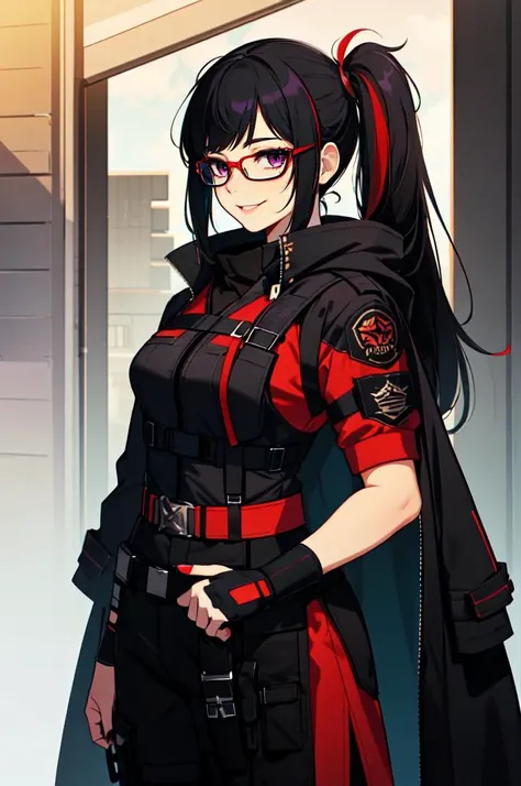 ultra detailed, masterpiece, best quality, solo, cowboy shot, <lora:parororostyle:1> parororostyle,
smug smile,
1girl, purple eyes, red-framed eyewear, (black hair, red colored tips:1.2), red streaked hair, very long hair, side ponytail, tied hair, medium breasts,
coat on shoulders, red dress, sleeves rolled up, fingerless gloves, holster, belt, multiple belts, combat boots, bulletproof vest, pants, black coat, tactical clothes,