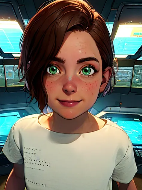 (insanely detailed, beautiful detailed face, masterpiece, best quality) <lora:beta:0.9>, beta,green eyes,brown hair,short hair, white shirt,short sleeves,smile, upper body,solo,standing, underground bunker,science fiction,tech,