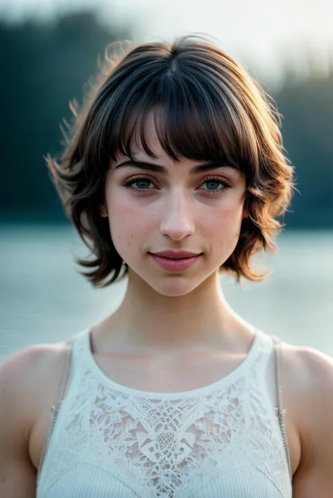 photo of beautiful (EPL34nB33fP4tty:0.99), a woman in ( fantastic scenery, frozen lakeside :1.1), perfect hair, wearing ( tais :1.2), modelshoot style, (extremely detailed CG unity 8k wallpaper), professional majestic (photography by irving penn :1.1), ( Sony a6600 Mirrorless Camera ), 24mm, exposure blend, hdr, faded, extremely intricate, High Detail, Sharp focus, dramatic, soft cinematic light, (looking at viewer), (detailed pupils), cute smile, 24mm, 4k textures, soft cinematic light, adobe lightroom, photolab, elegant, ((((cinematic look)))), soothing tones, insane details, hyperdetailed, low contrast, ("I've got a bad feeling about this.":1.1), ( Farmer's Daughter :1.2 )