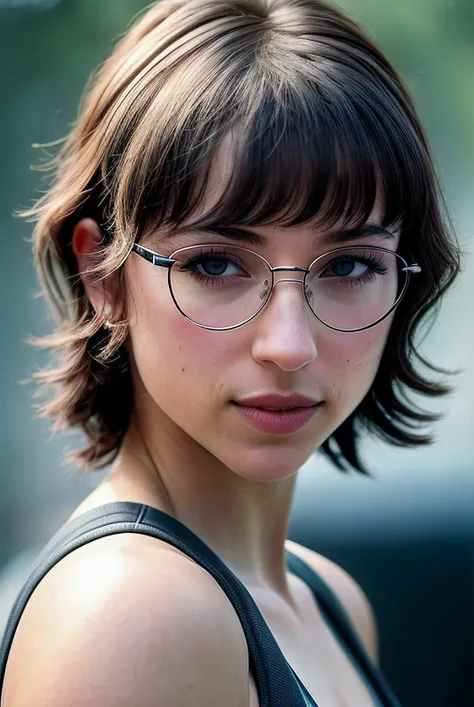 photo of beautiful (EPL34nB33fP4tty:0.99), a woman in ( Futuristic dystopian city viewpoint featuring an underground cityscape :1.1), perfect hair, wearing ( lawn  :1.2), wearing (glasses:1.2),  modelshoot style, (extremely detailed CG unity 8k wallpaper), professional majestic (photography by alfred stieglitz  :1.1), ( Mamiya 7 II Camera ), 24mm, exposure blend, hdr, faded, extremely intricate, High Detail, Sharp focus, dramatic, soft cinematic light, (looking at viewer), (detailed pupils), cute smile, 24mm, 4k textures, soft cinematic light, adobe lightroom, photolab, elegant, ((((cinematic look)))), soothing tones, insane details, hyperdetailed, low contrast, ("I've got a bad feeling about this.":1.1), ( Salon Kei :1.2 )