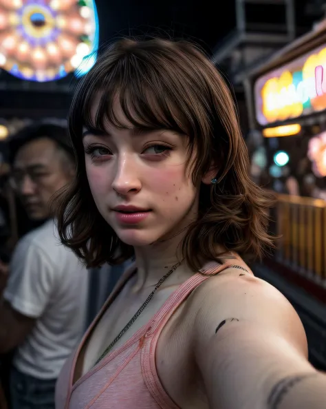 ((Selfie:1.1)), (raw:1.1) photo of (L3B3P401:0.99), a woman as a model, modelshoot style, (extremely detailed CG unity 8k wallpaper), photo of the most beautiful artwork in the world, professional majestic oil painting by Ed Blinkey, Atey Ghailan, Studio Ghibli, by Jeremy Mann, Greg Manchess, Antonio Moro, trending on ArtStation, trending on CGSociety, Intricate, High Detail, Sharp focus, dramatic, photorealistic painting art by midjourney and greg rutkowski, (at night:1.2), (dimly lit), (neon lights:1.2), (carnival:1.1), (makeup:1.1), ((ferris wheel in background)), ((summer dress:1.2)), (looking at viewer:1.3), (detailed pupils:1.3), (modern outfit:1.2), (closeup), (earrings), <lora:LowRa_2:0.8>, <lora:add_detail:1>