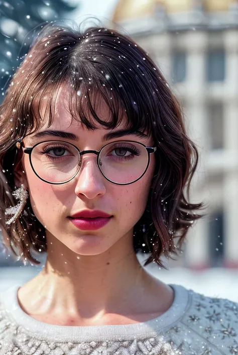 beautiful woman (EPL34nB33fP4tty:.99), perfect hair, (red lipstick), (round glasses:1.1), ((portrait)), (closeup:1.2), ((from the waist up)), ((( fantastic scenery, vatican city, snowing :1.2 ))), natural skin texture, (( Sweatshirt dress :1.2)), ( Twee ), 24mm, 4k textures, soft cinematic light, adobe lightroom, photolab, hdr, intricate, elegant, highly detailed, sharp focus, ((((cinematic look)))), soothing tones, insane details, intricate details, hyperdetailed, low contrast, soft cinematic light, exposure blend, hdr, faded, now, ("I've got a bad feeling about this.":1.1)