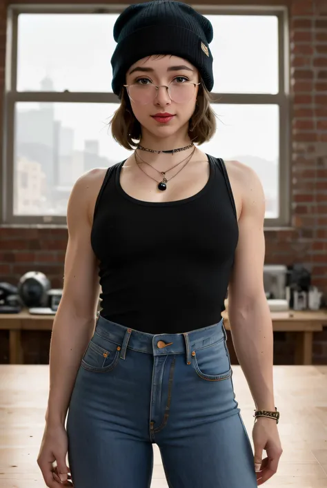 best quality raw photo of (blonde L3B3P401:0.99), a woman as a presenter in a tv show, modelshoot style, (wearing round glasses:1.2), (wearing black beanie:1.2), (extremely detailed CG unity 8k wallpaper), photo of the most beautiful artwork in the world, professional majestic oil painting by Ed Blinkey, Atey Ghailan, Studio Ghibli, by Jeremy Mann, Greg Manchess, Antonio Moro, trending on ArtStation, trending on CGSociety, Intricate, High Detail, Sharp focus, dramatic, photorealistic painting art by midjourney and greg rutkowski, (shirt and jeans:1.4), ((tv show set)), ((standing in front of a brick wall with large window)), ((couch and news desk in background)), (looking at the camera:1.2), (detailed pupils:1.3), (earrings:1.2), (closeup:1.2), (necklace), (red lips)