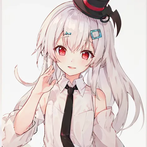 komori,idolcloth,masterpiece,best quality,white hair, red eyes,white shirt,(black formal hat),(hairclip:1.3),(small mouth mole:1.3),smile,highres,4k,black detached sleeves, upper body,