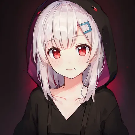 komori,(homecloth),(masterpiece: 1.5),best quality,1girl,white hair, (red eyes),(black hoodie:1.4),(hood up),(hood),(blue hairclip:1.2),(small mouth mole:1.2),beautiful lighting, raytracing, highres, 4k, 8k, (extremely detailed CG, 8k wallpaper:1.1), extremely detailed, sharp, digital illustration, beautiful face, ultra-realistic, masterpiece, hyper-detailed, volumetric lighting, realistic shadows, intricate details, small details, cheerful, smile