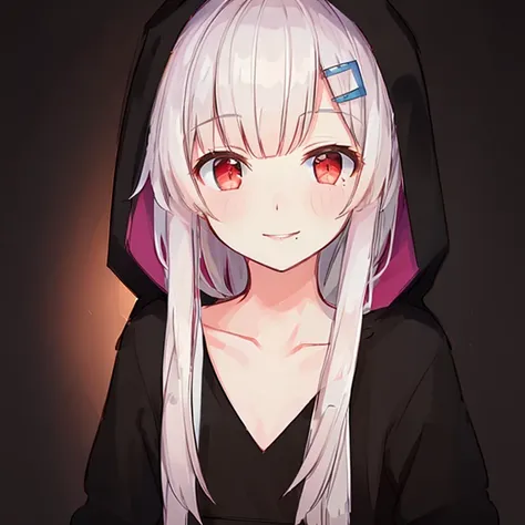 komori,(homecloth),(masterpiece: 1.5),best quality,1girl,white hair, (red eyes),(black hoodie:1.4),(hood up),(hood),(blue hairclip:1.2),(small mouth mole:1.2),beautiful lighting, raytracing, highres, 4k, 8k, (extremely detailed CG, 8k wallpaper:1.1), extremely detailed, sharp, digital illustration, beautiful face, ultra-realistic, masterpiece, hyper-detailed, volumetric lighting, realistic shadows, intricate details, small details, cheerful, smile