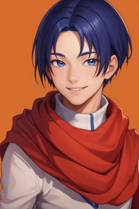 masterpiece, best quality, solo, smile, looking at viewer, simple background, orange background, portrait, solo, 1boy, smile, looking at viewer, <lora:Saul_Fp:1>, saulfe, robe, cape, scarf