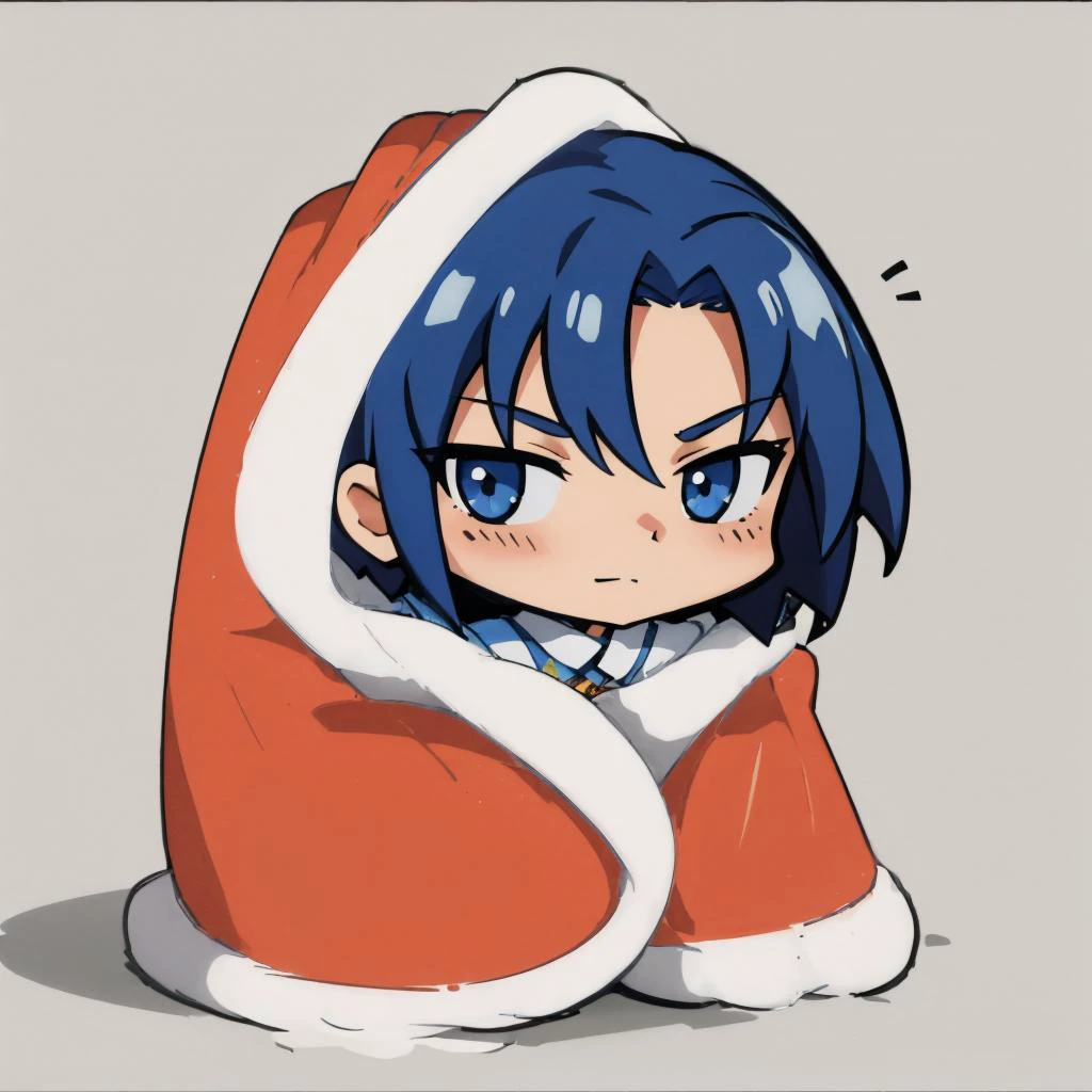 masterpiece, best quality, <lora:Saul_Fp:0.9> saulfe, robe <lora:cozyblanket-nvwls-v1:1> cozyblanket, chibi, simple background, slight smile