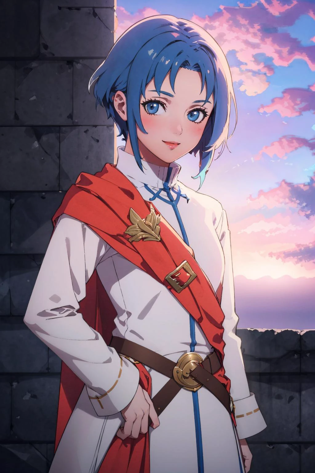 masterpiece, best quality, <lora:Saul_Fp:0.9> saulfe, robe, belt, cape, standing, blushing <lora:FE3H S Rank:1> cloud, sky, sunset, standing, upper body, blue hair, looking at viewer, smile