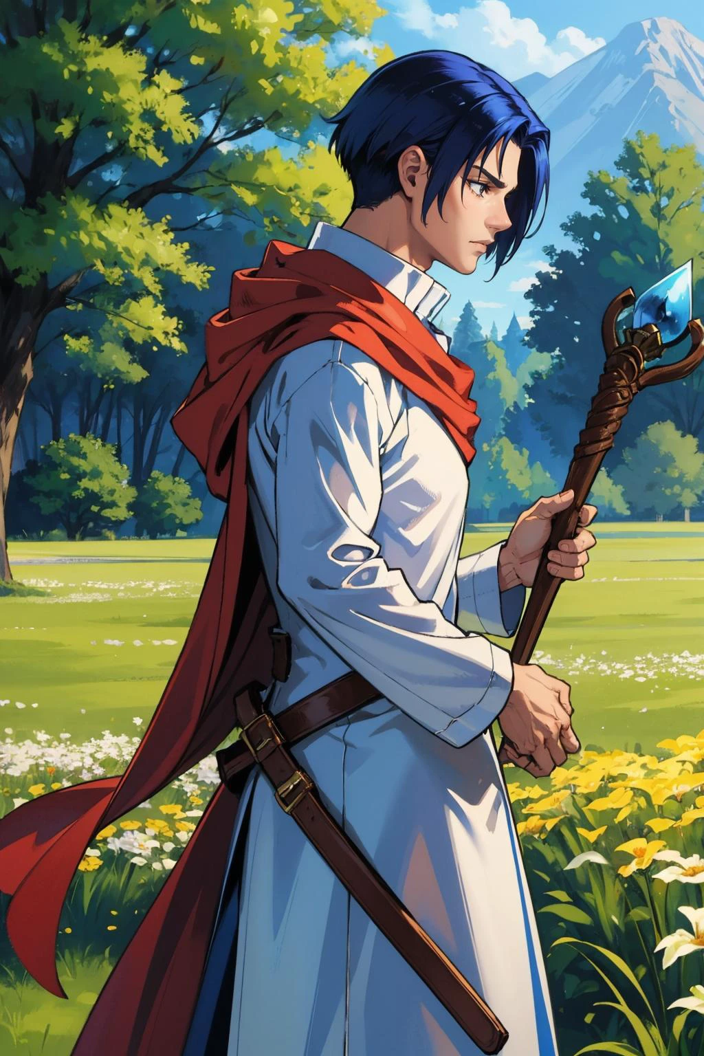 masterpiece, best quality, <lora:Saul_Fp:0.9> saulfe, robe, boots, belt, cape, standing, holding staff, field, from side, furrowed brow, cowboy shot
