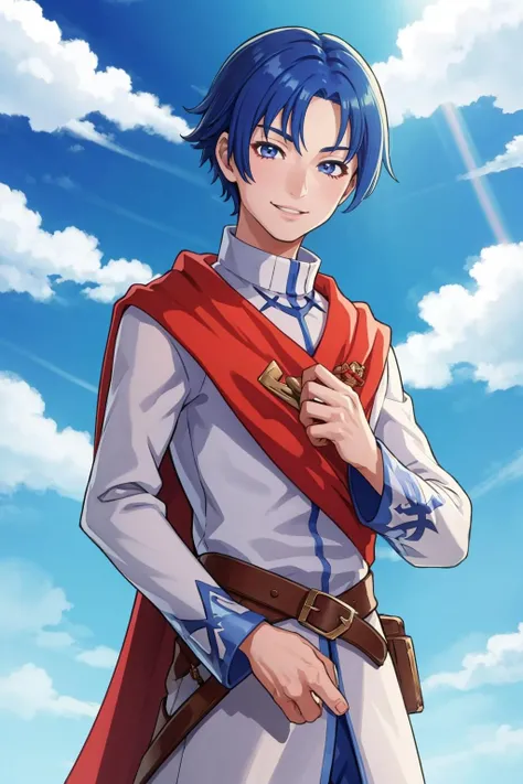 masterpiece, best quality, solo, 1boy, smile, looking at viewer, <lora:Saul_Fp:1>, saulfe, robe, boots, belt, cape, <lora:FE-ENGAGE S Rank_Fp:1>, sky, clouds, upper body,