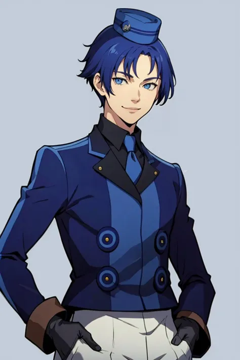 masterpiece, best quality, solo, 1boy, smile, looking at viewer, <lora:Saul_Fp:1>, saulfe, <lora:Velvet-Room-M-Outfit_Fp:1>, velvetmoutfit, gloves, hat, hands in pockets, blue background,