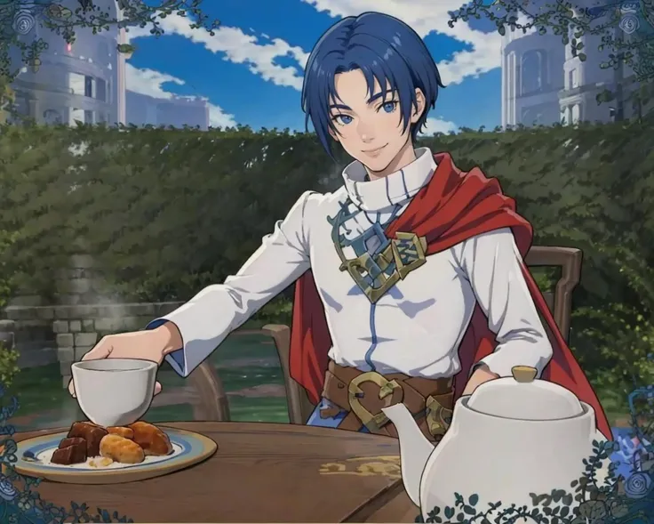 masterpiece, best quality, solo, 1boy, smile, looking at viewer, <lora:Saul_Fp:1>, saulfe, robe, boots, belt, cape, scarf, <lora:Teatime-concept_Fp:0.8>, cup, table, food, teapot, outdoors, sitting, sky, clouds