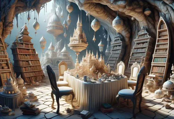 hyper detailed masterpiece, dynamic realistic digital art, awesome quality,pearl white retreat,hallucinatory plateaus of leng,other-dimensional the castle of dreaming books anti-aliasing,planetary terraforming, miserable,risk-taking,growing,DonMT34P4rtyXL <lora:DonMT34P4rtyXL-v1.1-000008:0.8>