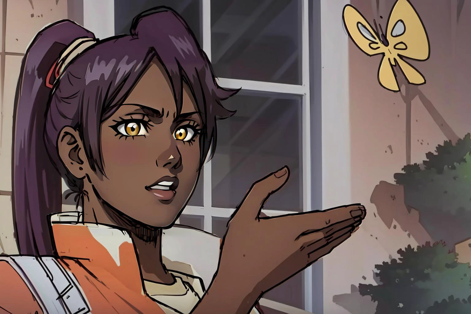 (masterpiece, best quality), intricate details,
1girl, <lora:Yorui-v4:0.8> orange shirt, shihouin yoruichi, 1girl, solo, dark skinned female, dark skin, ponytail long hair, parted bangs, purple hair, yellow eyes,
<lora:IsThisAPigeon:0.8> IsThisAPigeon,