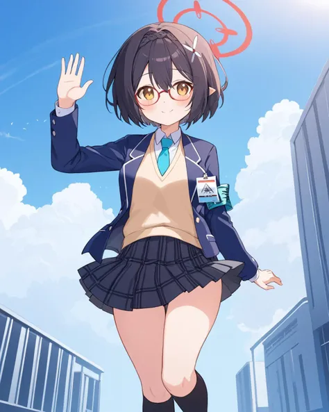 ayane \(blue archive\), halo, school_uniform, full_body, id_card, kneehighs, glasses, hair_ornament, outdoors, looking_at_viewer, white_shirt, collared_shirt, long_sleeves, grey_skirt, waving, pleated_skirt, blue_necktie, braid, smile, sneakers, plaid_skirt, closed_mouth, sidelocks, solo_focus, open_jacket, striped, sweater_vest, blush, black_socks, 1girl, standing, armband, 2girls, blue_jacket, solo, cloud, blue_sky, black_jacket, black_skirt, blazer
<lora:ayane_(blue_archive)_image368_2023-11-26:1>halo. gorgeous,key visual, vibrant, studio anime,award-winning, professional, highly detailed,high budget, cinemascope