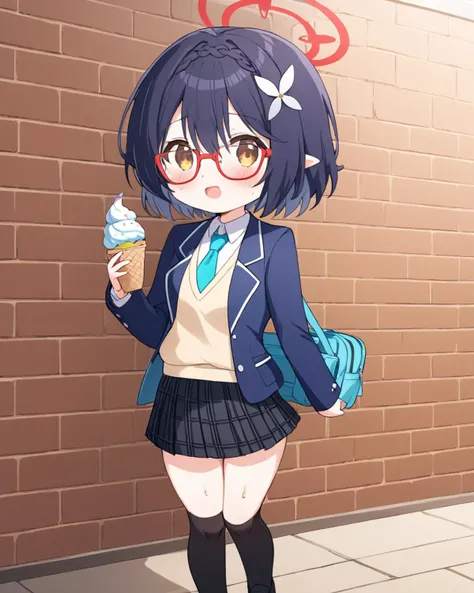 ayane \(blue archive\),halo, sweater_vest, white_shirt, open_jacket, collared_shirt, 1girl, black_skirt, pleated_skirt, glasses, red-framed_eyewear, holding_food, braid, school_uniform, chibi, black_jacket, grey_skirt, plaid_skirt, black_socks, blue_jacket, hair_flower, sweat, blush, brick_wall, standing, blue_necktie, :d, school_bag, solo, long_sleeves, kneehighs, blazer, ice_cream, open_mouth
<lora:ayane_(blue_archive)_image368_2023-11-26:1>halo. gorgeous,key visual, vibrant, studio anime,award-winning, professional, highly detailed,high budget, cinemascope