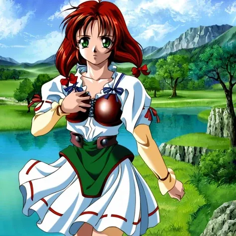 <lora:mew_xl_v1:0.9>,
mew,
green-eyed girl with low red hair and twin tails tied with ribbons,
she wore a white dress with breast armor and a corset and a white skirt,
natural landscapes,trees and lakes,white clouds in blue sky,anime-like characters,background like the photo,