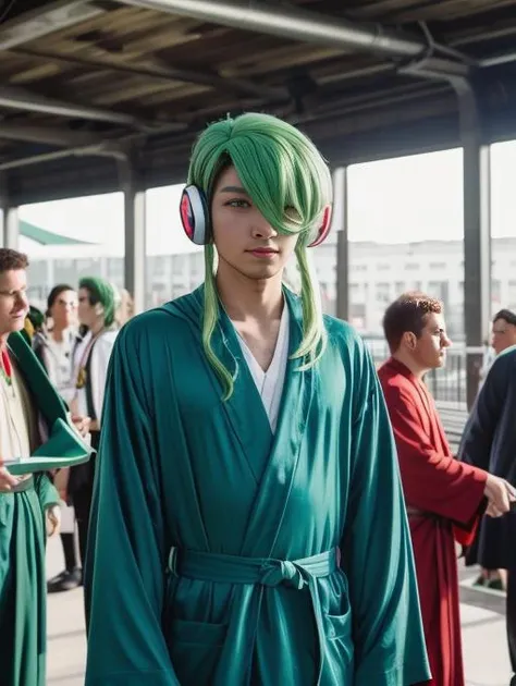 best quality, masterpiece, highres, detailed, <lora:Detail - add_detail:0.2>, JinkiV, green hair, headphones, red eyes, outdoors, cosplay convention, <lora:JinkiV-10:0.7>, 1boy, green robes, indoors, screens, sci-fi, hair over eyes, green clothing, cosplay, wig,