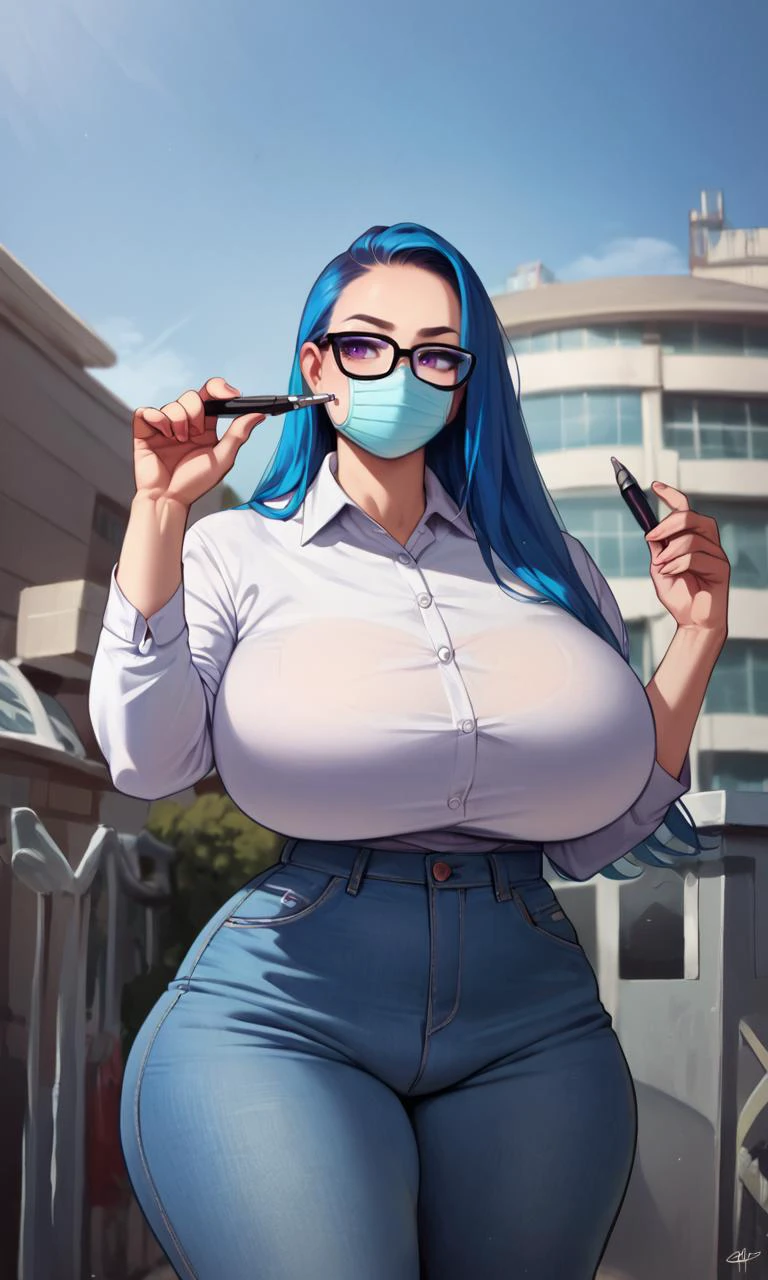score_9, score_8_up, score_7_up, score_6_up, ,
expressive eyes, perfect face, detailed face, 8K, curvy, plump, (wide hips), (thick thighs), gigantic breasts, long sky blue hair, jeans, collared shirt, purple eyes, stoic, holding a pen and file, with glasses, bored, bored expression, wearing a face mask, cinematic background, ultra detailed, highleg <lora:PulenKompot-Voluptuous-SDXL:0.8> voluptuous