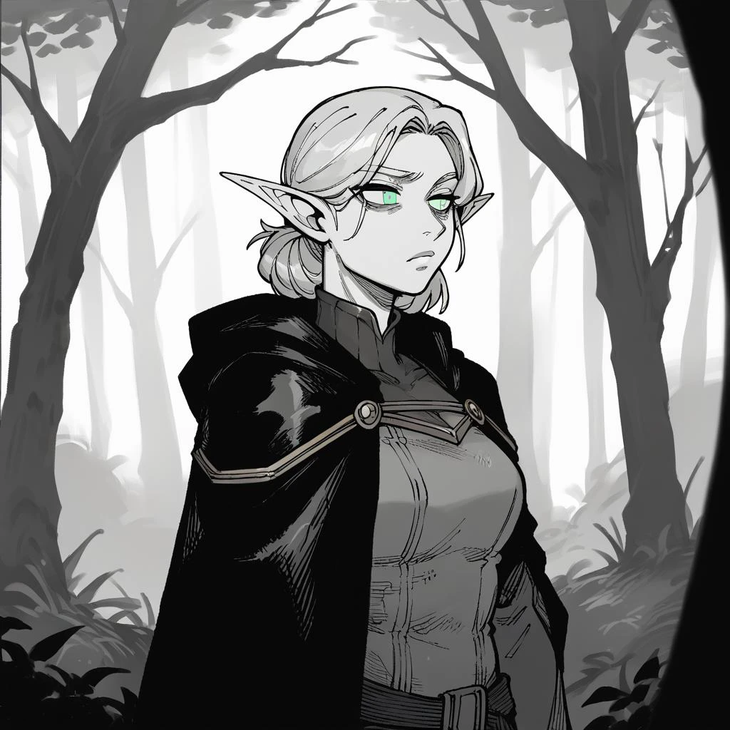 score 9, score 8 up, score 7 up, score 6 up, score 5 up, score 4 up, rating safe, fantasy, solo, 1girl, adult elf woman, female, athletic, fit, blond hair, green eyes, leather armor, hooded cloak, forest ranger, wide shot, outdoors, forest, zPDXL3, greyscale with colored background, hatching \(texture\), monochrome <lora:add-detail-xl:0.5> <lora:KarasuChanXLLocon_byKonan:0.8>