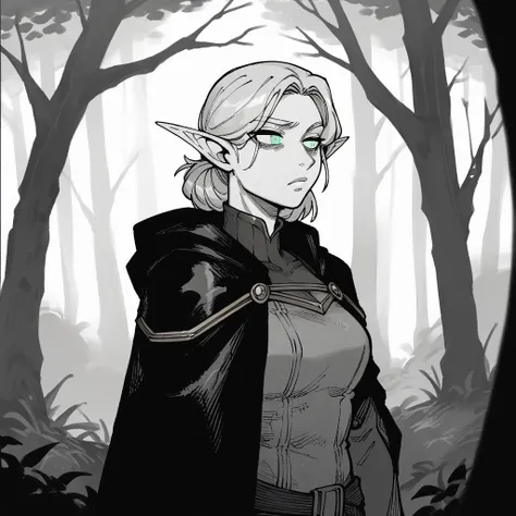 score 9, score 8 up, score 7 up, score 6 up, score 5 up, score 4 up, rating safe, fantasy, solo, 1girl, adult elf woman, female, athletic, fit, blond hair, green eyes, leather armor, hooded cloak, forest ranger, wide shot, outdoors, forest, zPDXL3, greyscale with colored background, hatching \(texture\), monochrome <lora:add-detail-xl:0.5> <lora:KarasuChanXLLocon_byKonan:0.8>