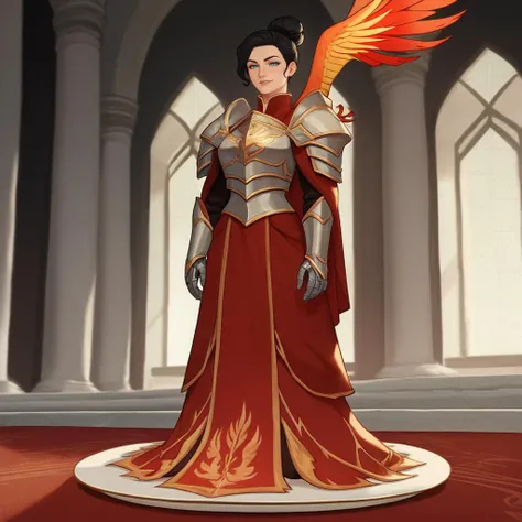 score_9, score_8_up, score_7_up, professional digital art, 1woman, solo, she's <lora:katiemcgrath_dh128_v1:1.1> ohwx woman, black hair, smiling gently, wearing an elven fantasy armor, silver plate armor with ornate details, (phoenix embossed into chestplate) (phoenix imagery on chestplate) she's an elven paladin, heavy plate armor with a long red cloak, hair combed backwards and tied in a hair bun, she's grinning, toothy grin, standing in a fantasy elven palace, red carpet, marbled walls, stained glasses, statues in the background. rating_safe
