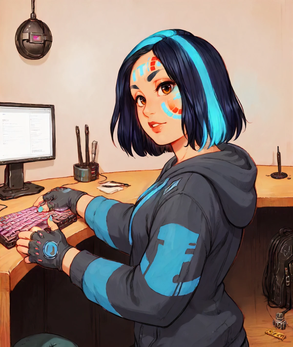 <lora:solarpuff:1> zPDXL3 medium hair, beautiful face, dark indigo eyes, young woman, detailed complex background, BREAK looking at viewer, solo, from side, side view, half shot, detailed background, detailed face, (matrix theme:1.1), evil high-tech futuristic hacker, hoodie, techwear, fingerless gloves, augmented reality interface, electronics, holographic keyboard, barcode, computer, exploit, , floorplan, glowing server racks in background, stealth, dark sinister atmosphere,