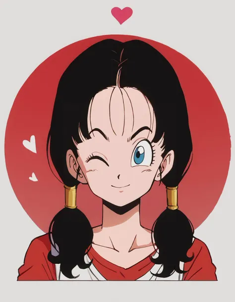 videl, pigtails, twintails, black hair <lora:F-Videl:0.75> <lora:S-Toriyama:0.75> anime screencap, 1girl, solo, wink, light smile, heart, love, looking at viewer, seductive, score_9, score_8_up, score_7_up, artistic, intricate, cinematic, detailed, extremely detailed, extremely fine detail, clear, spectacular, stunning, very color, epic, detailed background, sharp focus, masterpiece, absurdres