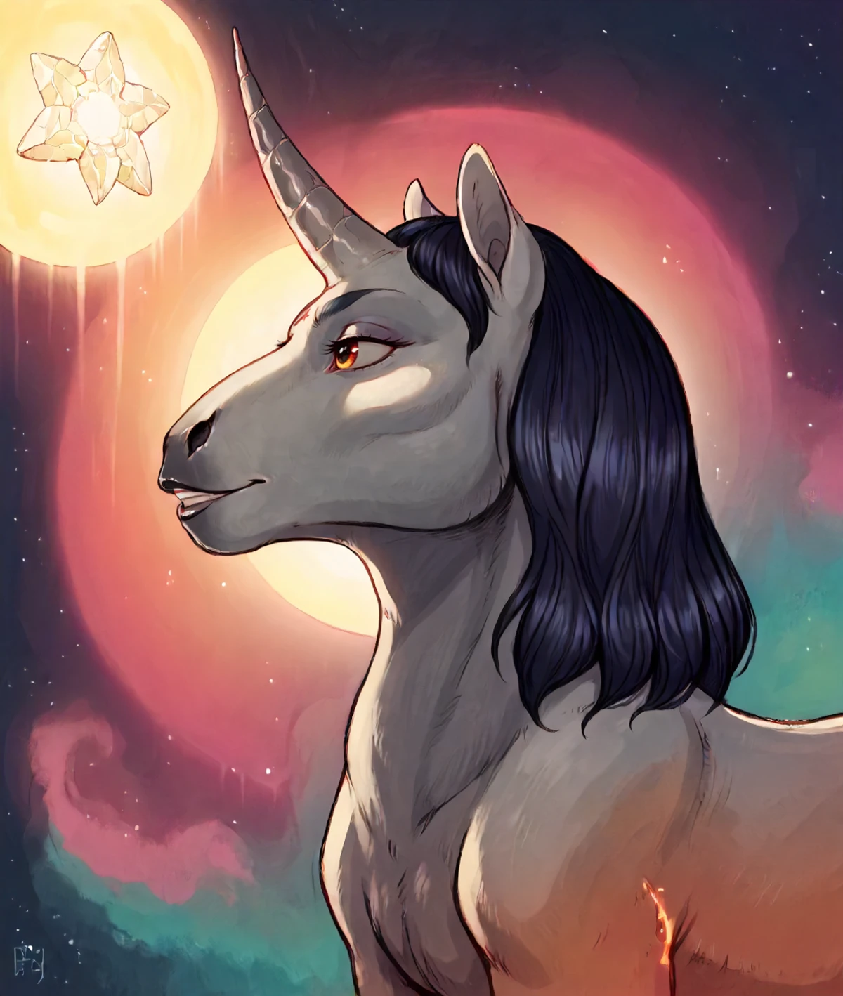 <lora:solarpuff:1> zPDXL3 medium hair, beautiful face, dark indigo eyes,, BREAK portrait, solo, half shot, looking away, detailed background, detailed face, (sinister dark fantasy theme:1.1) astral mage, star sign, benign, taurus, esoteric geometric symbolism, interstellar energy, bright red lights, aura, shine, transcendence, floating particles, backlighting, cosmic space background, surreal ethereal atmosphere,