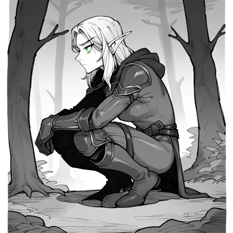 score 9, score 8 up, score 7 up, score 6 up, score 5 up, score 4 up, rating safe, fantasy, solo, 1girl, adult elf woman, female, athletic, fit, blond hair, green eyes, leather armor, hooded cloak, forest ranger, wide shot, looking at another, squatting, from side, outdoors, forest, zPDXL3, greyscale with colored background, hatching \(texture\), monochrome <lora:add-detail-xl:0.5> <lora:KarasuChanXLLocon_byKonan:0.8>