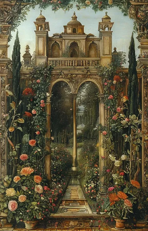 masterpiece,best quality,<lora:tbh167-sdxl:1>,illustration,style of Carlo Crivelli, A bottle of perfume in garden