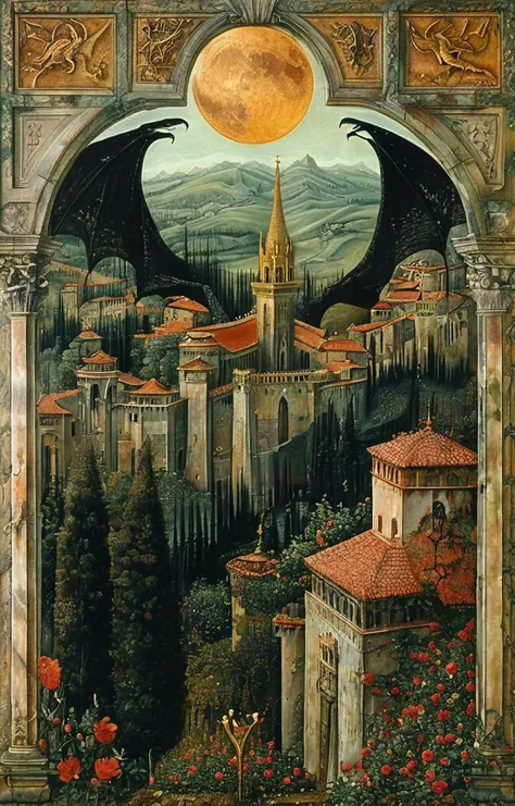 masterpiece,best quality,<lora:tbh167-sdxl:1>,illustration,style of Carlo Crivelli, Nazgul over sleeping town