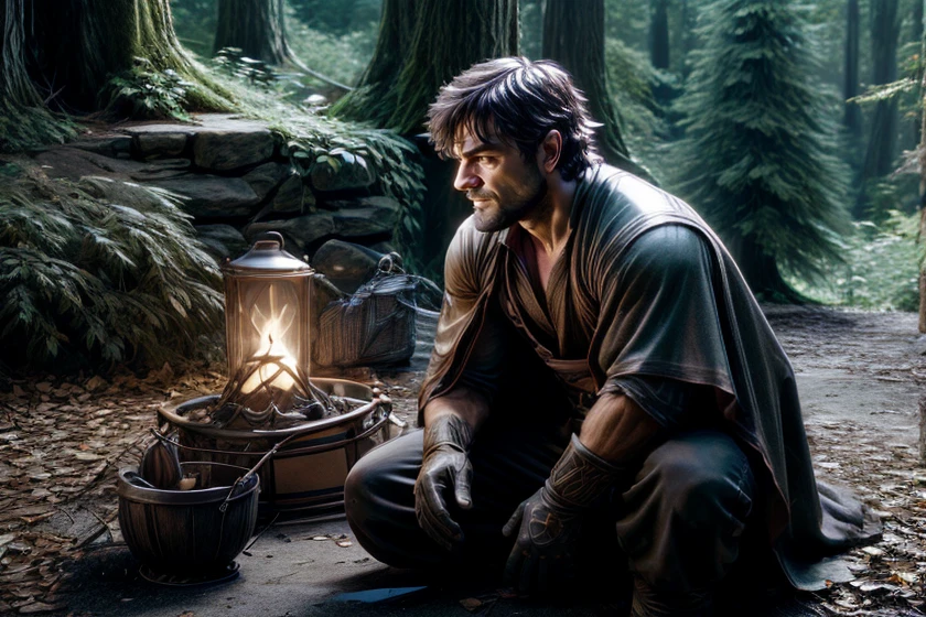 <lora:RPGHobbit:1.2> male hobbit Comic art, RAW-format, <lora:tangbohu-detailer_1.0:1>, <lora:realistic:0.3>, <lora:sharpen-soften:-0.5> , photorealistic, (hyperrealistic:1.2), beautiful, masterpiece, best quality, <lora:add_detail:0.3>, <lora:stylesqueeze_v2:0.5> solo, (bloody scars:0.7), upper body, looking down, detailed background, detailed face, (<lora:GlyphTech:0.5>, glyphs, hologram, glyphtech theme:1.1), trapper, hunter, stern countenance, brown fur lined leather clothing, straps, cape, gloves, pioneer spirit, , solitary, dynamic pose, rope, , snare, spear, campsite in background, surroundings, fallen leaves, dim light, fantasy frontier cinematic atmosphere,