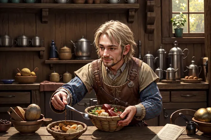<lora:RPGHobbit:0.6> hobbit:1.3, 1boy, male focus, table, bowl, basket, smile, depth of field, indoors, realistic:1.3, in a medieval kitchen, medieval, <lora:AllOldRPGArtS1_1990s_V1.01_LoRA:0.4> alloldrpgarts1 <lora:PBOldRifRPGStyle-V1.0-st_LoRa:0.4> RpgRiftingInThe90s, extremely high quality RAW photograph, detailed background, intricate, Exquisite details and textures, highly detailed, ultra detailed photograph, warm lighting, 4k, sharp focus, high resolution, detailed skin, detailed eyes, 8k uhd, dslr, high quality, film grain, Fujifilm XT3,