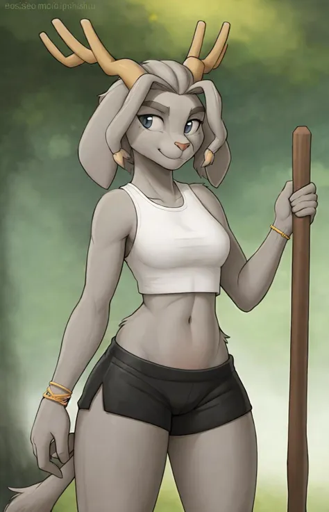 sybil,jackalope, antlers, sexy pose, sports bra, (shorts), tail,grey fur, lagomorph, a beautiful and detailed masterpiece, honovy hioshiru personalami,((bangs)),((floppy ears)), sportswear, outside, national park,smile, jewelry, bracelets, ((thick thighs)),((clothed)), cute, petite,solo,hair,athletic,midriff,sexy,
<lora:sybil 1.22 15r5e:1>
 <lora:zaush:.75> <lora:jishinu:.5>