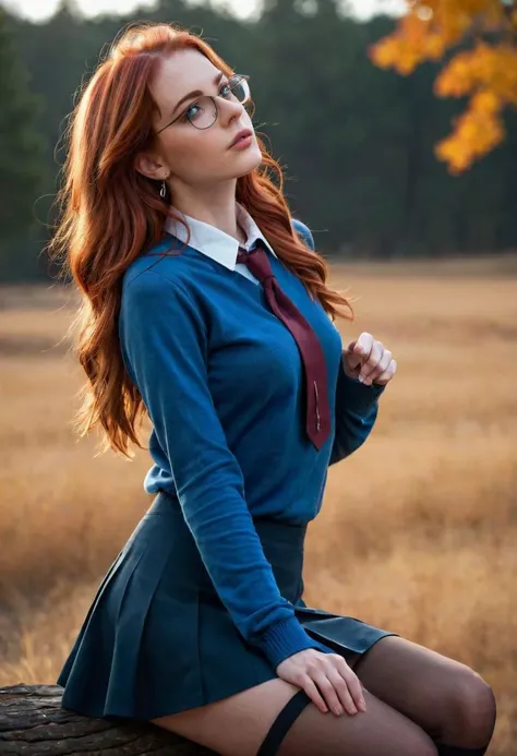 (masterpiece), (best quality), (ultra-detailed), masterpiece, best quality, highly detailed, 1girl, solo, up shot, lindagunderson, red hair, long hair, thin blouse, brown sweater,collared shirt,blue skirt, white thigh highs, perk breasts, Athletic body, sitting, red school suit, outdoors, nerd Linda <lora:lindagunderson-06:1>, glasses, illustration, disheveled hair, detailed eyes, perfect composition, moist skin, intricate details, earrings, by wlop, masterpiece, best quality, highly detailed, 1girl, solo, up shot, lindagunderson, red hair, long hair, thin blouse, brown sweater,collared shirt,blue skirt, white thigh highs, perk breasts, Athletic body, sitting, red school suit, outdoors, nerd Linda <lora:lindagunderson-06:1>, glasses, limited light, cinematic background, atmosphere, bright, vivid, beautiful, deep colors, winning, grand composition, fine detail, extremely sharp focus, elegant, dynamic, rich vibrant color, intricate, majestic, epic, very brave, inspiring, thought, fancy, fantastic, awesome, perfect, ambient, professional, enhanced, creative, fabulous, amazing, marvelous