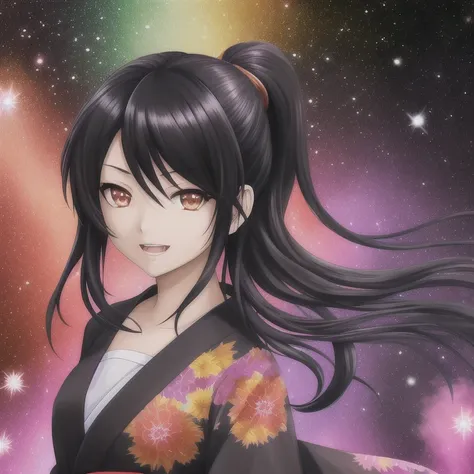 art by yaguru magiku, A girl wearing a black yukata, angry smile, in the style of Kyoto Animation in the 2010s, official art, ((((black hair)), eyes of Haruhi Suzumiya, face of Haruhi Suzumiya)), beautiful symmetric face, ponytail, in the universe with stars and galaxies, psychedelic art, rainbows, transcendence, alone, solo, 8k, posing of Haruhi Suzumiya
